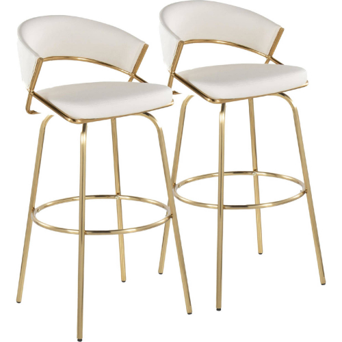 Jie 30" Swivel Bar Stool in Gold & White Leatherette with Round Metal Footrest (Set of 2)